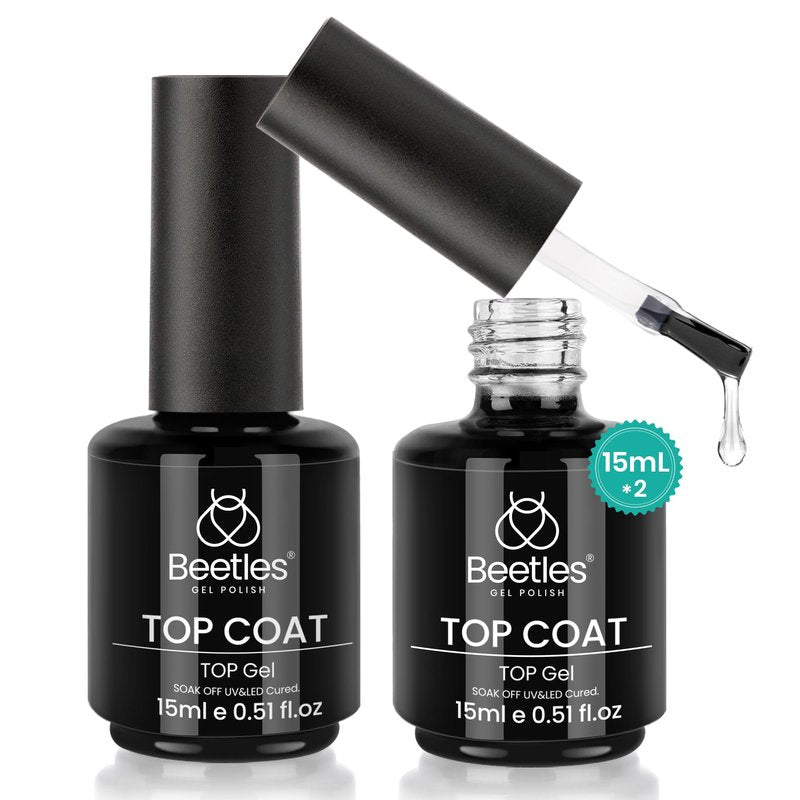 beetles Gel Polish 2Pcs 15ml No Wipe Top Coat Gel Nail Polish High Gloss Shiny Long-Lasting Clear Gel Top Coat, Soak Off Nail Lamp, Summer Nails Home DIY Manicure and Nail Salon Gifts for Women