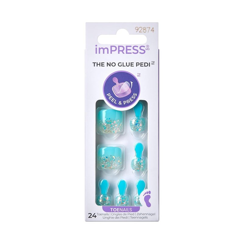 KISS imPRESS Press-On Nails - Last Flowers Design, Medium Blue, Short Squoval | 24 Nails & Accessories Included