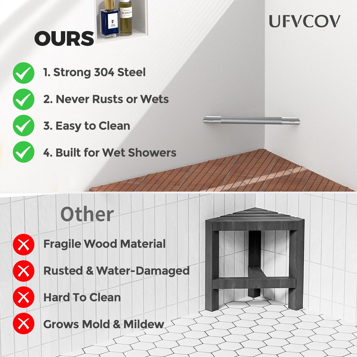 UFVCOV Brushed Nickel Shower Foot Rest Bar, Non-Slip Knurled Stainless Steel Foot Ledge for Shaving Legs, Wall Mounted Pedicure Foot Rest Step, Bathroom Corner Shower Accessories