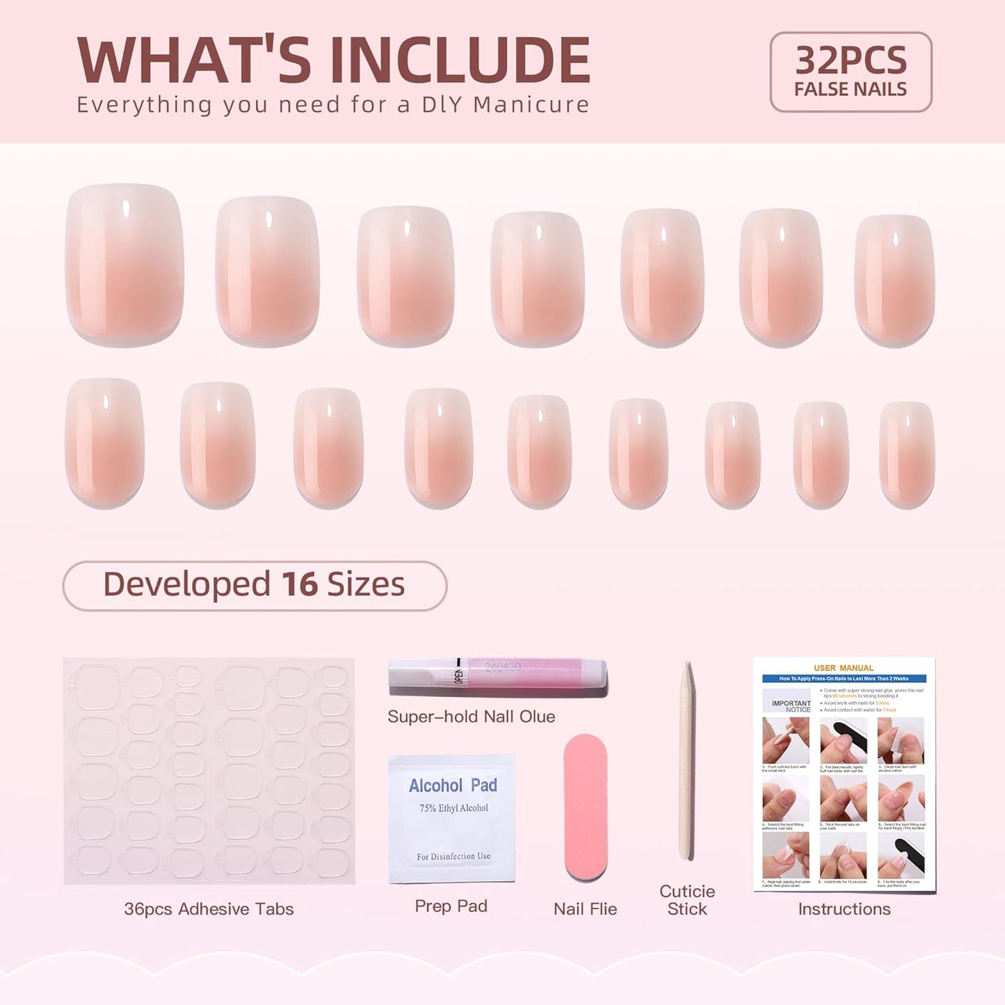 Skiennix Ombre Press On Nails - Short Reusable Soft Gel Nail Tips Kit | 32 Pcs in 16 Sizes