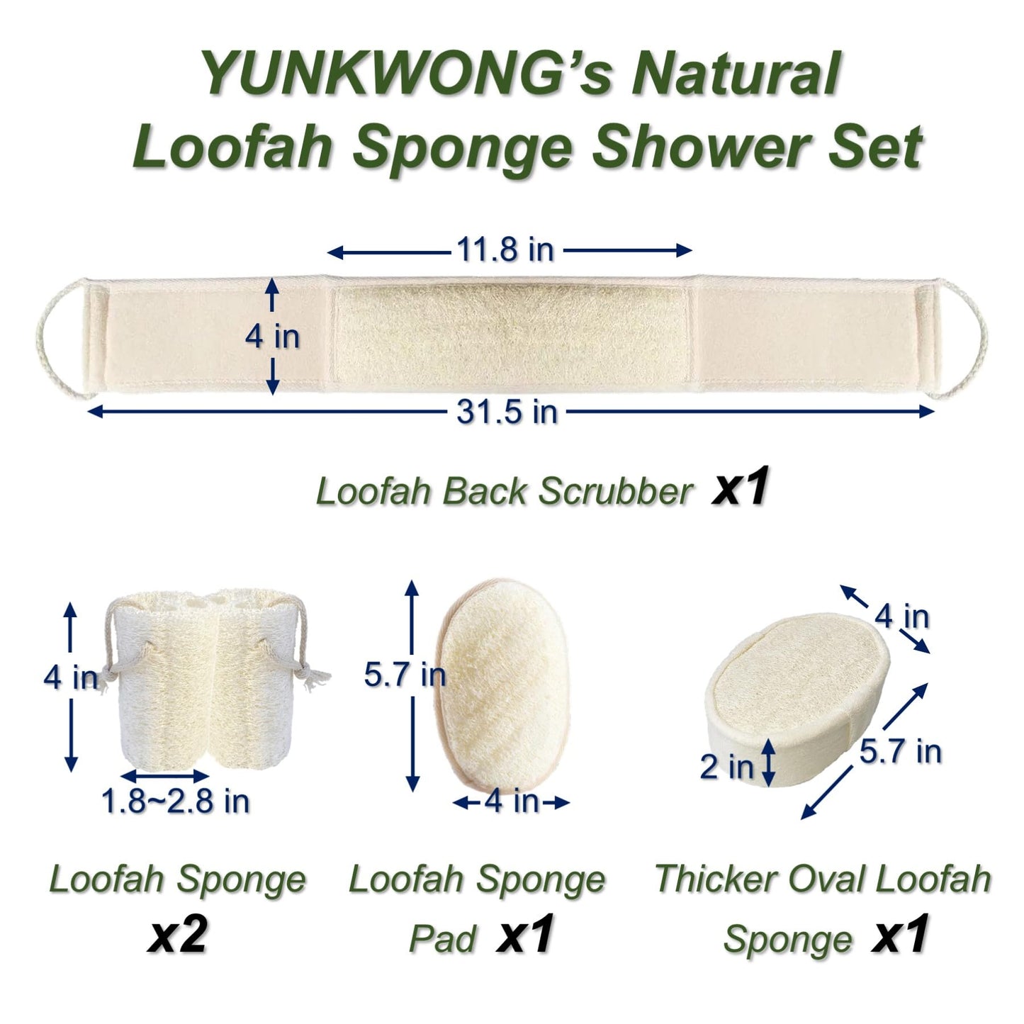 YUNKWONG Natural Loofah Sponge, Exfoliating Body Scrubber for Men Women, Loofah with Handle, Exfoliating Back Scrubber for Shower Set, Deeply Clean & Invigorate Your Skin (5 pcs in Box)