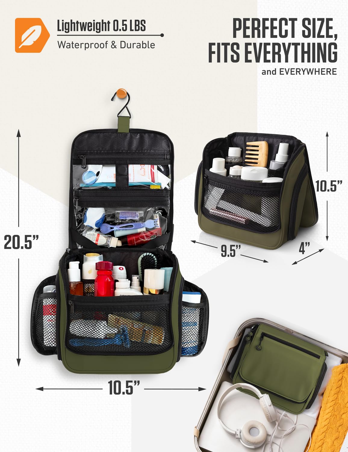 VENTURE 4TH Hanging Travel Toiletry Bag for Women & Men – Large Toiletry Organizer with 18 Compartments, Removable TSA Pouch, Travel Wash Bag for Toiletries, Makeup & Shaving Kit (Dark Green)