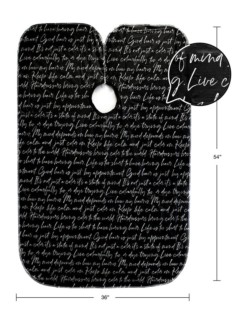 Betty Dain Hair Stylist Shampoo Cape, Waterproof & Stain Resistant Vinyl, Soft Nylon Neckband, Durable & Reusable Client Cover, Touch-and-close Fastener, 36 x 54 inches, Secret Messages - Black