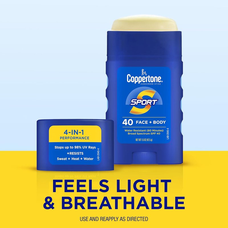 Coppertone Sport Sunscreen Stick SPF 40 - Water-Resistant Face & Body Protection | Travel Size 1.5 Oz