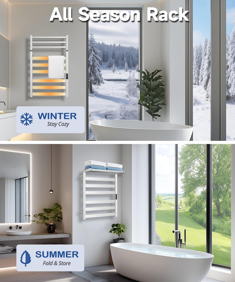 Aquatrend WiFi Heated Towel Rack Wall Mounted, Electric Towel Warmer with Foldable Bracket, Stainless Steel, LED Built-in Timer, Plug-in, Temperature & Timing Control, 6 Bars, Brushed Nickel