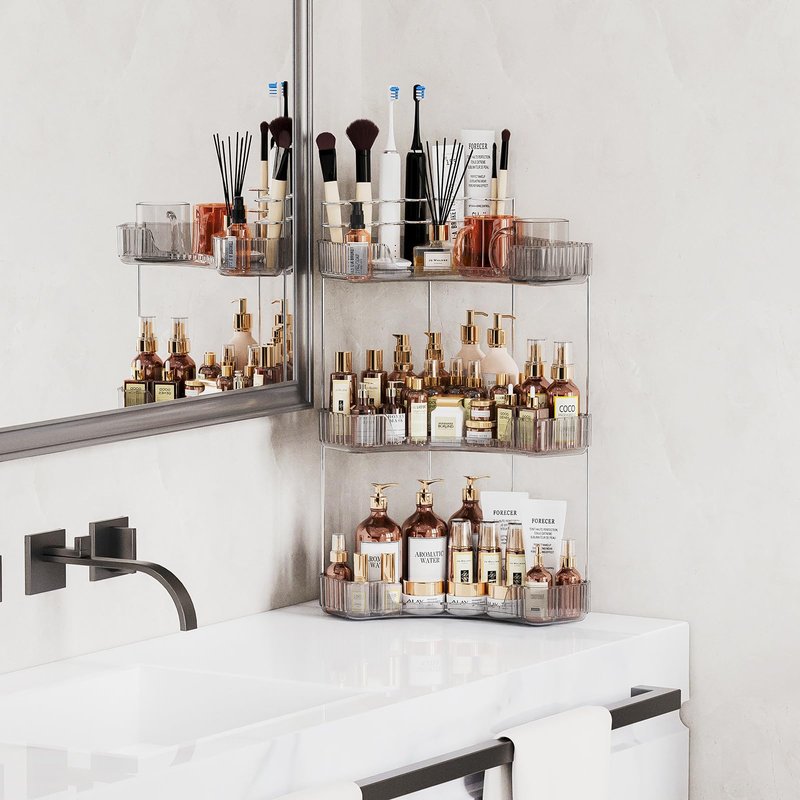Asayuee 3-Tier Corner Bathroom Counter Organizer with Top Toothbrush Holders,Large Makeup Organizer Countertop with Brush Holder,Skincare Organizers Corner,Exquisite Vanity Organizer (Gray, 3 Tier)
