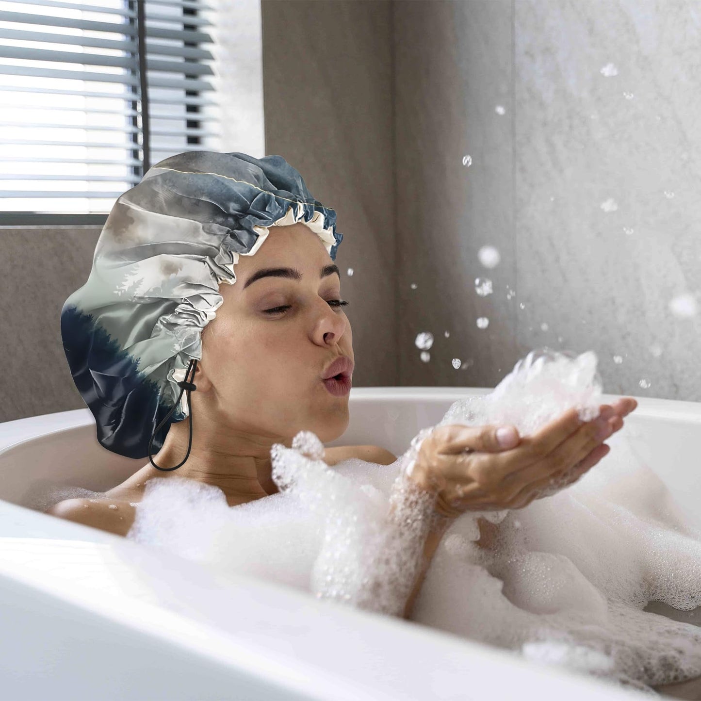 Cabreche Luxury Shower Cap Satin Silk Lined Adjustable Elastic Reusable Waterproof Shower Bath Cap Cute for Women Girls-Forest