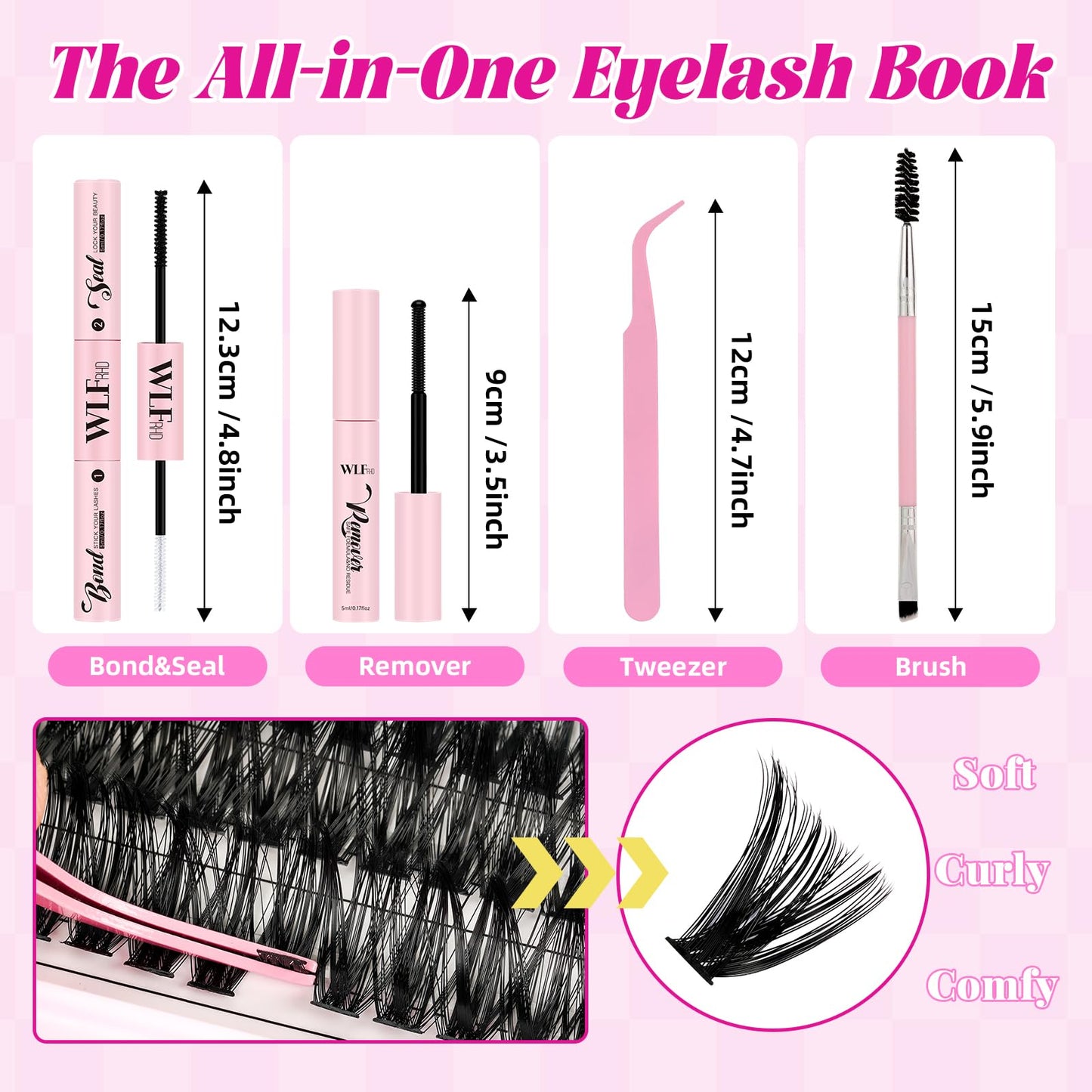 WLFRHD Lash Clusters Kit 640Pcs Eyelash Clusters Kit D Curl Wispy Cluster Lashes Kit 30D+40D+50D+60D Lashes Clusters Kit With Bond and Seal Remover Tweezers Brush 9-16mm for DIY Home