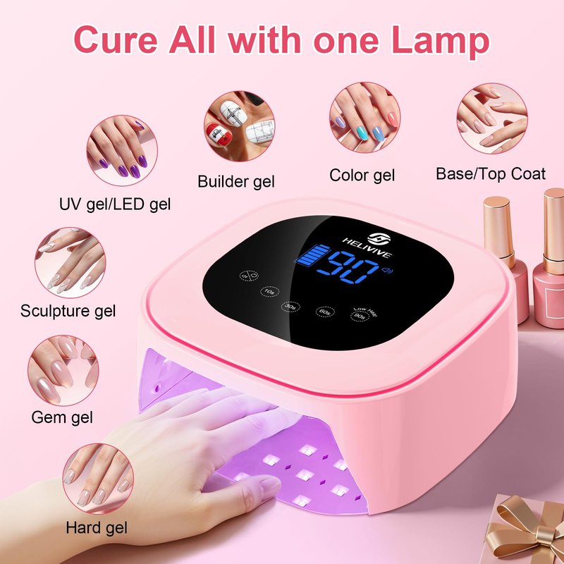 HELIVIVE Cordless UV LED Nail Lamp, 80W Rechargeable Nail Dryer with 4 Timers, Atmosphere Light & Mirror Base, UV Light for All Gel Nails, Ideal for Training,Nail Art Practice,Home & Salon Use (Pink)