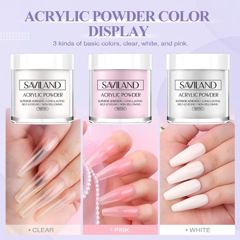 SAVILAND Acrylic Nail Kit for Beginners - Clear, White & Pink Powder, Liquid, Brushes & Tools Set