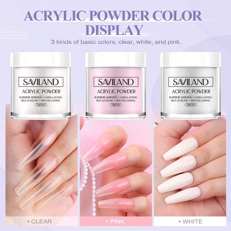 SAVILAND Acrylic Nail Kit for Beginners: Clear White Pink Acrylic Powder 0.5 Oz Each, 1.7 fl oz Acrylic Liquid, #8/10/14 Brushes, 100Pcs Nail Forms & Manicure Tools Professional Nail Kit Acrylic Set