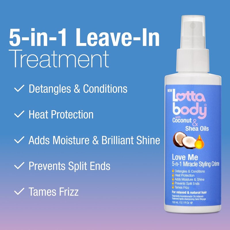 Lottabody Love Me 5-in-1 Leave-In Treatment - Lightweight Coconut & Shea Oil Spray for Moisture, Shine & Frizz Control | 5 oz
