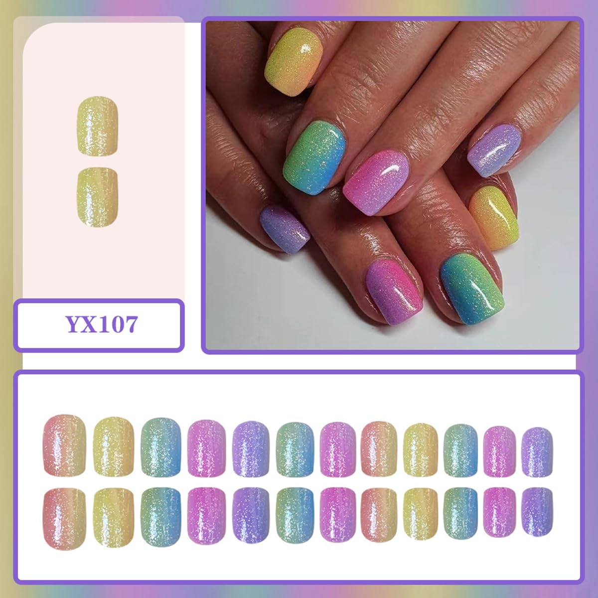 yefiuo Summer Press on Nails Short Square Fake Nails Press ons Acrylic False Nails Glue on Nails Reusable Nail Tips Kit Full Cover Stick on Nails for Women Girls Nail Supplies 24Pcs