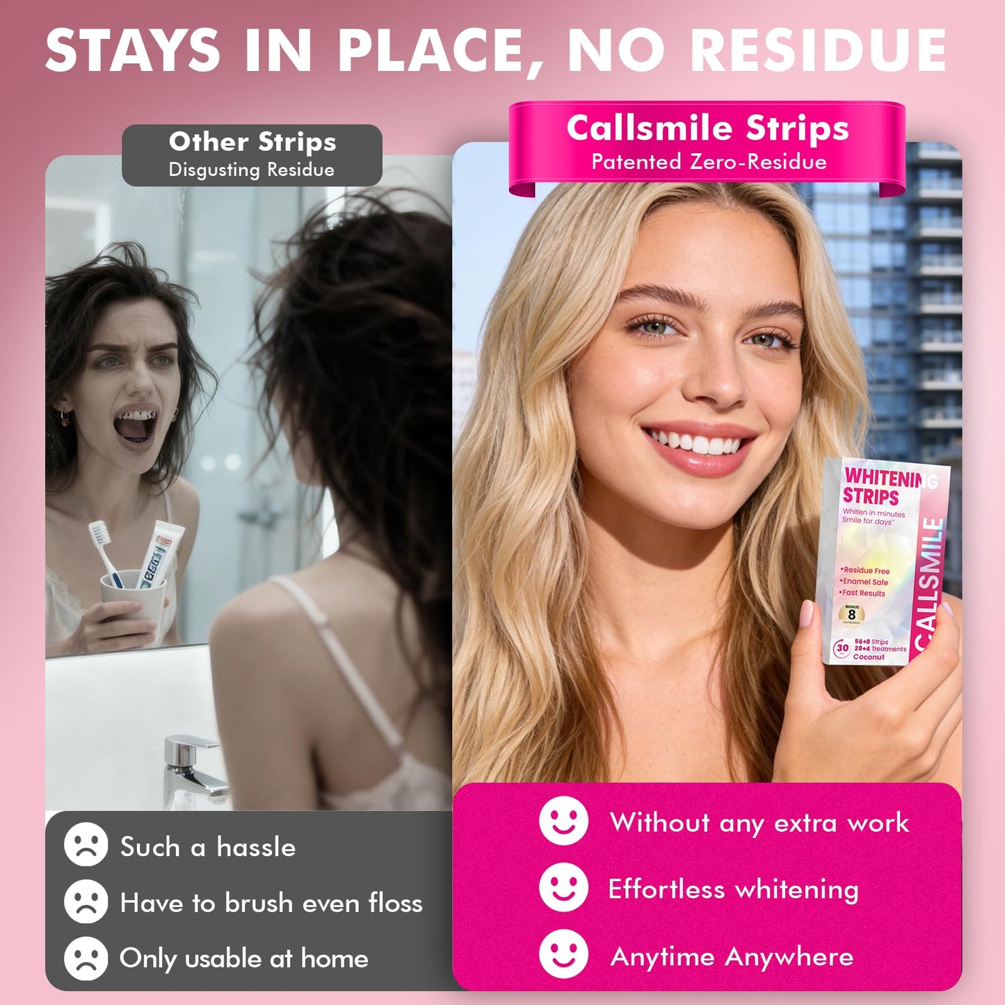 CALLSMILE Whitening Strips for Teeth Sensitive: 64 Strips Gentle Teeth Whitening Strips Enamel Safe Non-Slip Dry Strip Technology Residue Free Daily Oral Care, Coconut