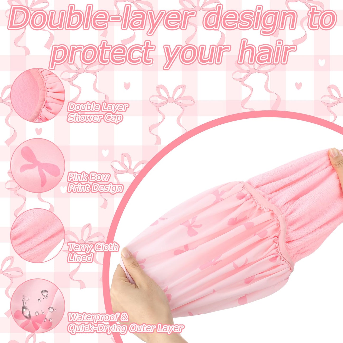 Janmercy Pink Bow Shower Cap for Women Extra Large Terry Lined Shower Cap Reusable Waterproof Double Layer Large Bath Hair Bonnet Washable Quick Dry for Braids Long Straight Curly Hair Women Gifts