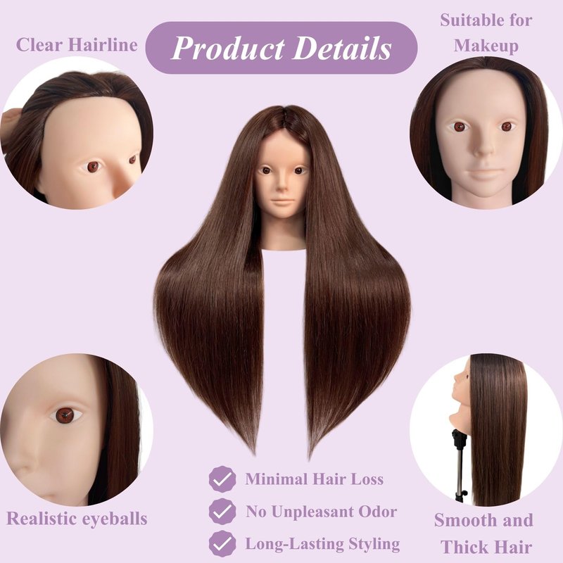 Mannequin Head with 80% Real Hair, 28" Dark Brown Hair Mannequin Head for Makeup & Practice Braiding, Cosmetology Training Doll Head for Hair Styling Kids