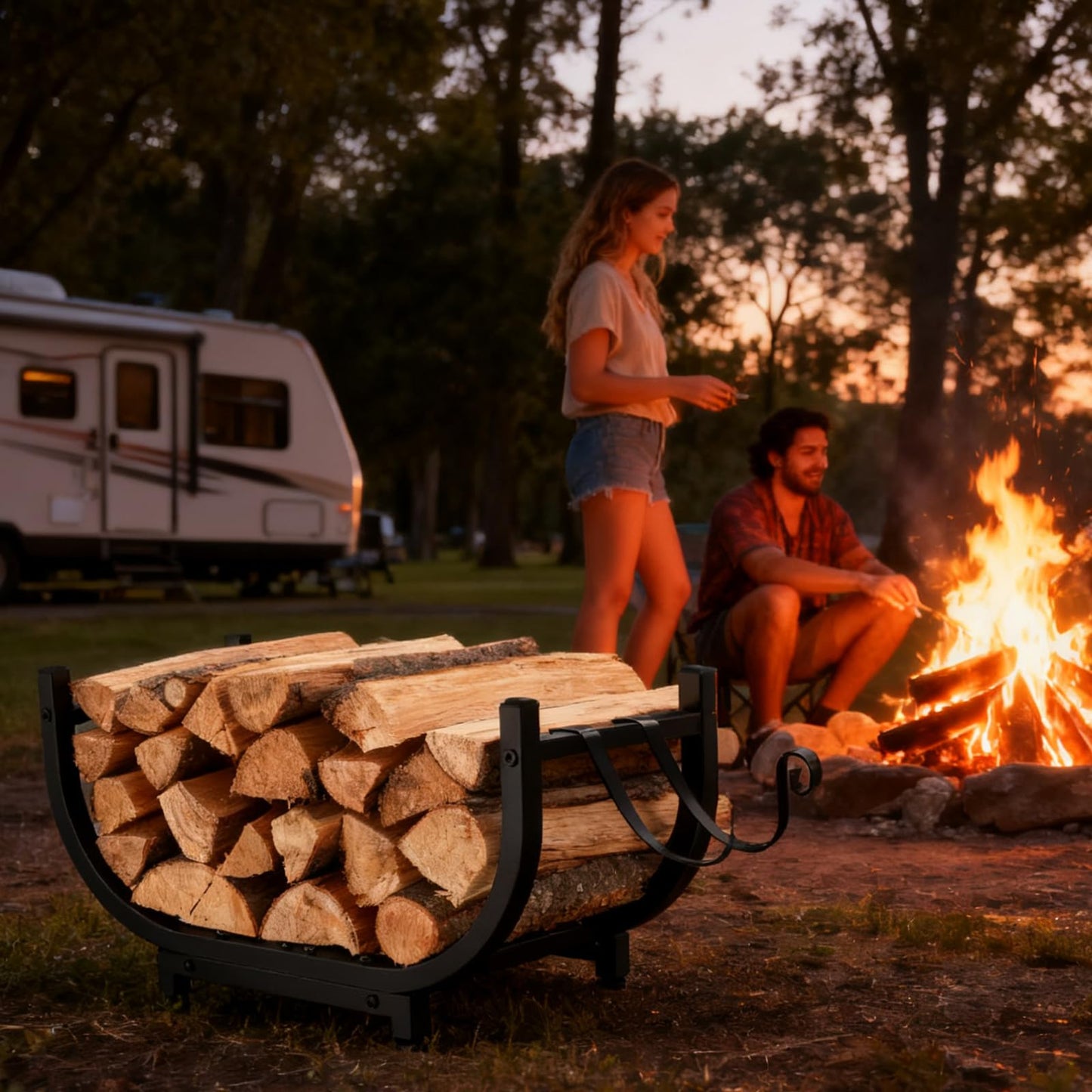BeGyoku Firewood Rack Outdoor&Indoor,30'' Firewood Holder with Kindling Wood Hooks&Adjustable Feets,Heavy Duty Metal Log Rack,Black Curved Log Holder,Fire Wood Storage Organzier for Fireplace&Patio