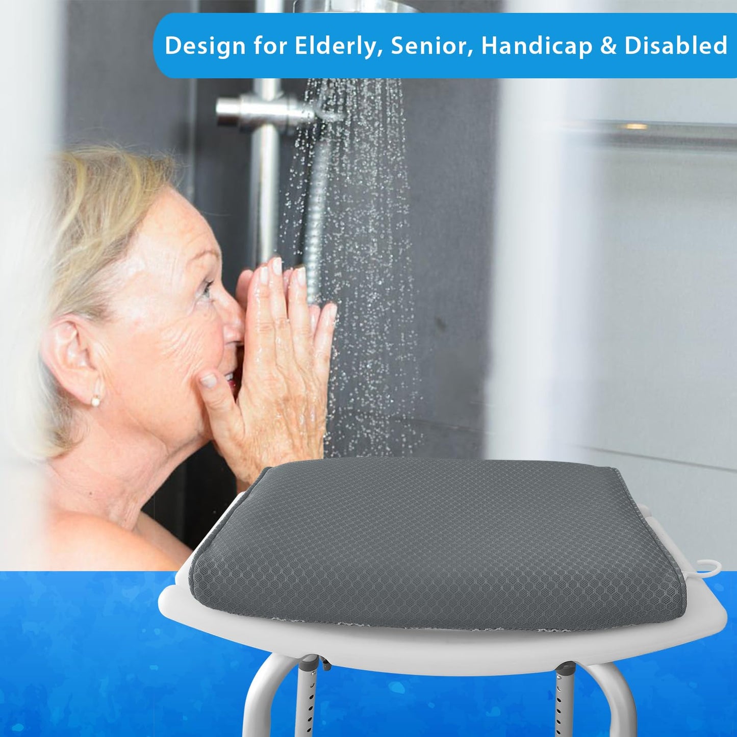 Shower Seat Cushion, Shower Chair Cushion for Transfer Benches in Bathtub, Cushion for Sauna, 3D Mesh Pad with Hook, Slip-Resistant, Design for Elderly, Senior, Handicap Disabled