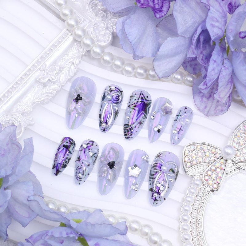 Skiennix 24Pcs Y2K Press-On Nails - Medium Almond Shape with Purple Flowers & 3D Silver Bow Design