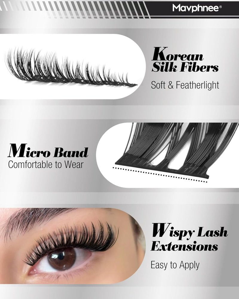 Flaunt Lash Clusters Kit - Wispy Individual Eyelash Extensions | 132 Pcs CD-Curly 8-18MM with Bond, Seal & Tweezers