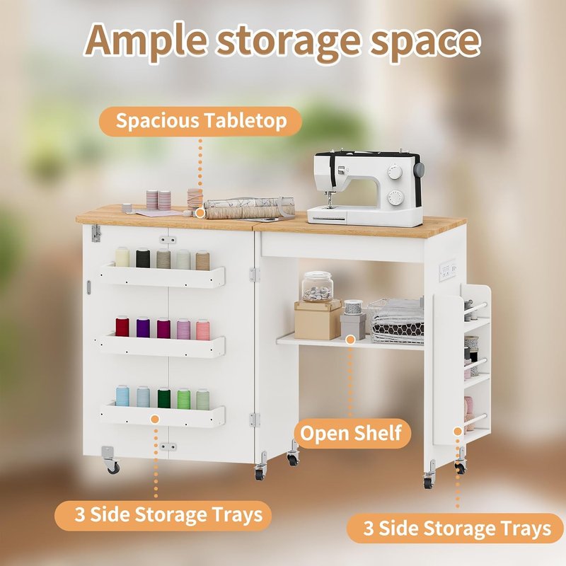 Folding Sewing Table with Power Outlet, Rolling Sewing Desk with Side Storage Rack, Compact Portable Sewing Cabinet for Sewing Machine, Craft Table Organizer for Home (White)