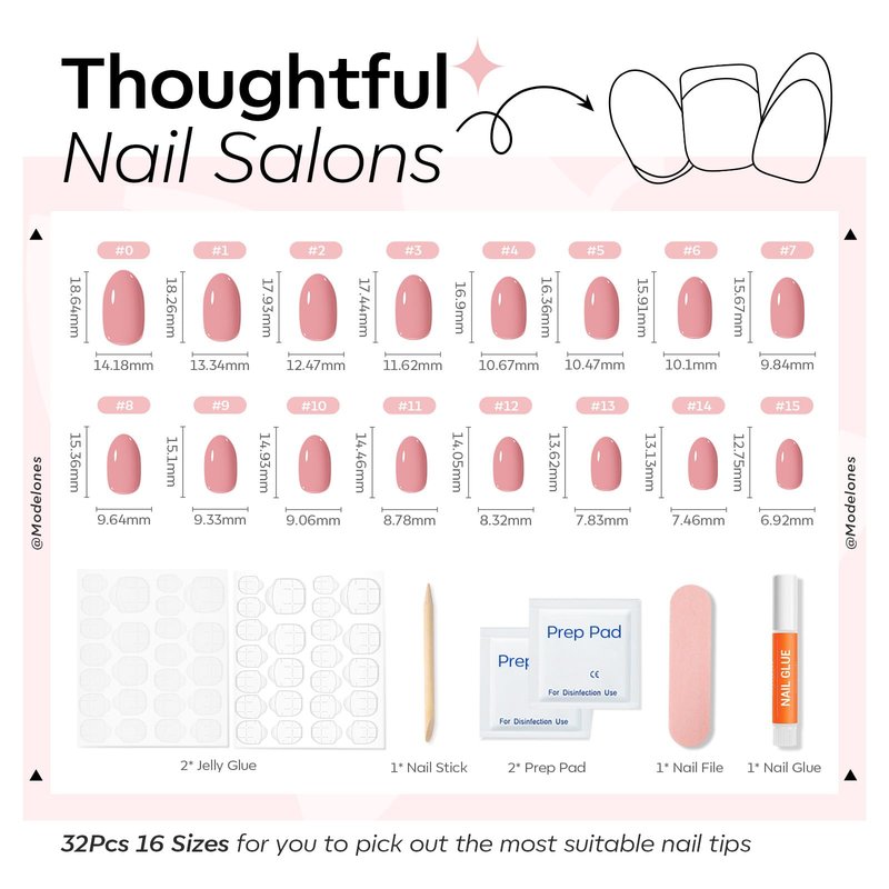 modelones Soft Pink Short Press on Nails, Semi-Transparent Oval Fake Nails Kit Press Ons with Nail Glue, Adhesive Tabs, Nail File, Prep Pad, Manicure Stick, 32Pcs 16 Sizes, Spring Women Girl Gift
