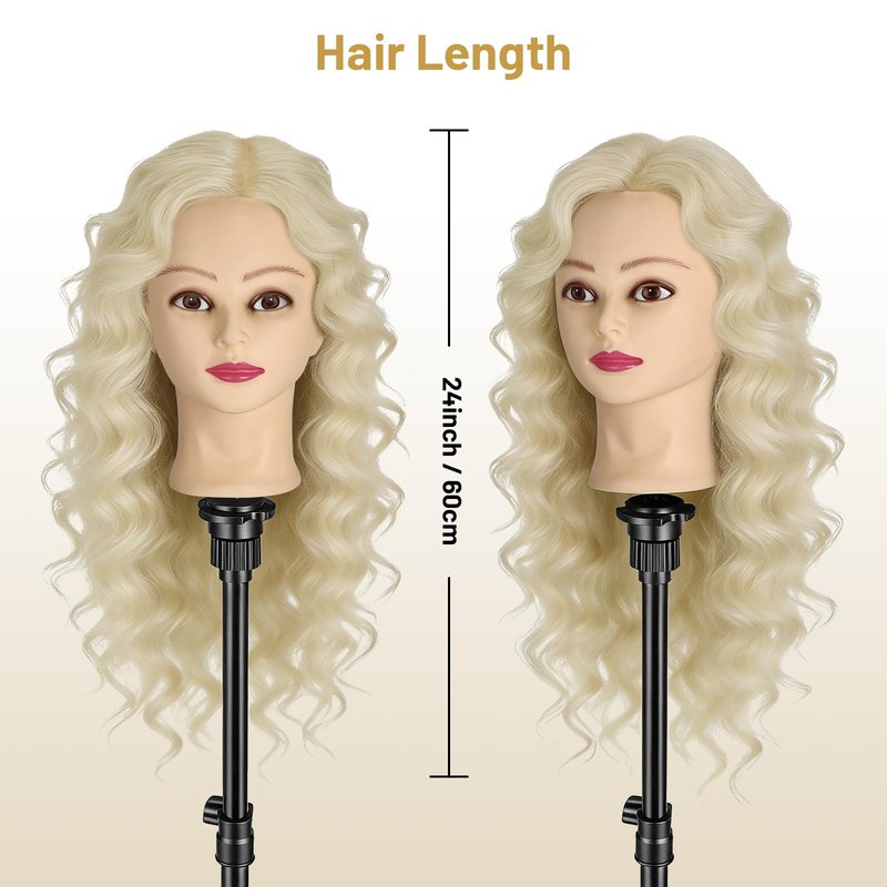Mannequin Head with 90% Human Hair, 24" Hair Doll Head for Cosmetology & Hairdresser,Real Hair Manikin Doll Styling Head,Hairdressing Training Braiding Head with Table Clamp+Styling Set