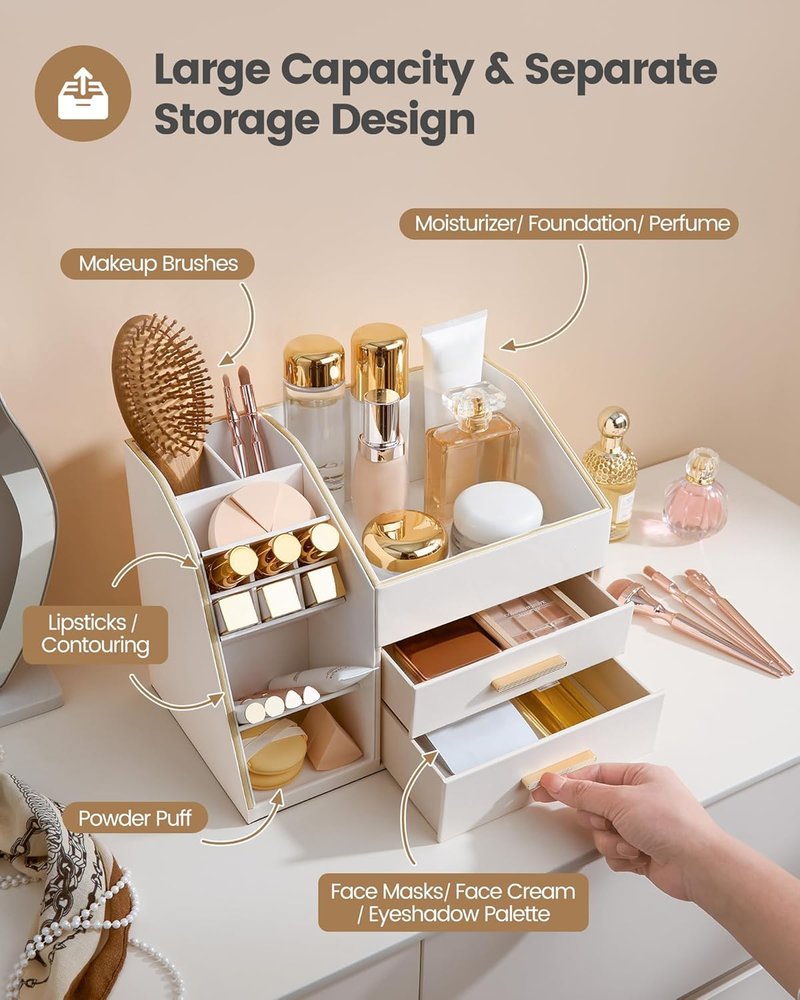 Makeup Organizer - 3-Layer PU Leather Storage Box for Skincare, Lipstick & Perfume | Easy to Clean - Cream