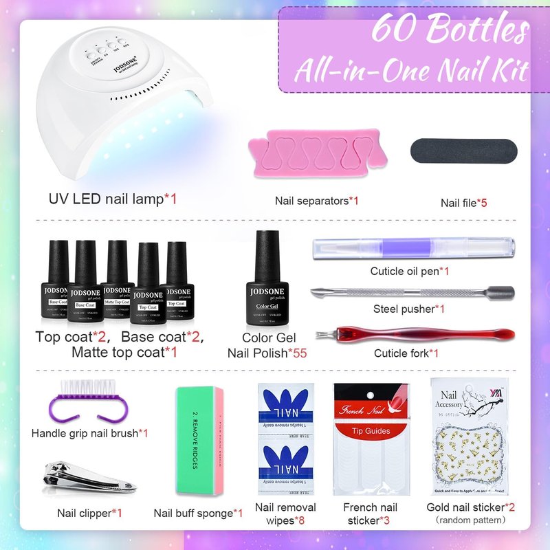 JODSONE Gel Nail Polish Starter Kit - 60 Colors, UV Light, No Wipe Base & Top Coat | Easy Application
