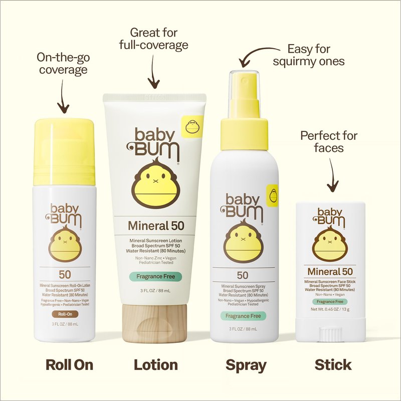 Baby Bum SPF 50 Sunscreen Lotion - Mineral UVA/UVB Face and Body Protection for Sensitive Skin - Hawaii 104 Act Compliant (Made without Octinoxate & Oxybenzone) - Fragrance Free - Travel Size - 3 oz