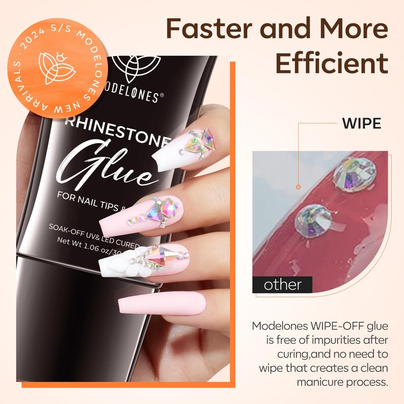 Modelones 4-in-1 Rhinestone Glue - Super Strong for Press On Nails, Gems, Charms & Rhinestones, No Wipe Nail Art Glue, 30g Cured Needed