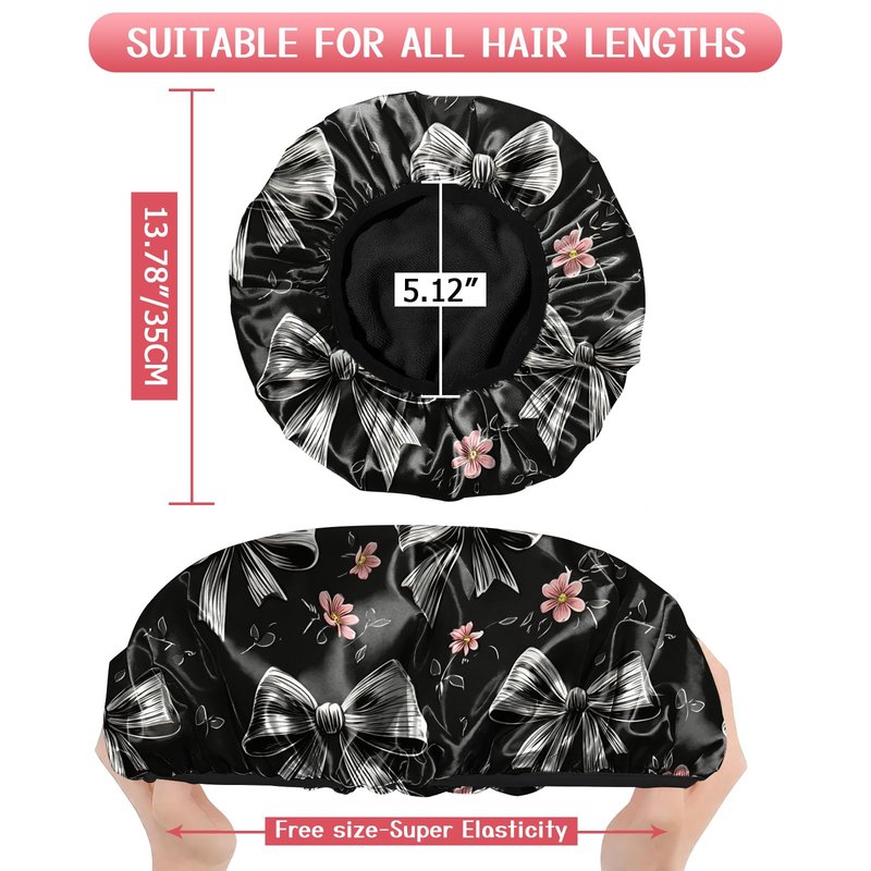 Deokke Luxury Shower Cap Terry Lined Elastic Triple Layer Waterproof Reusable Dry Hair Bathing Caps Aesthetic Cute for Women Girls-Grey black Bowknot