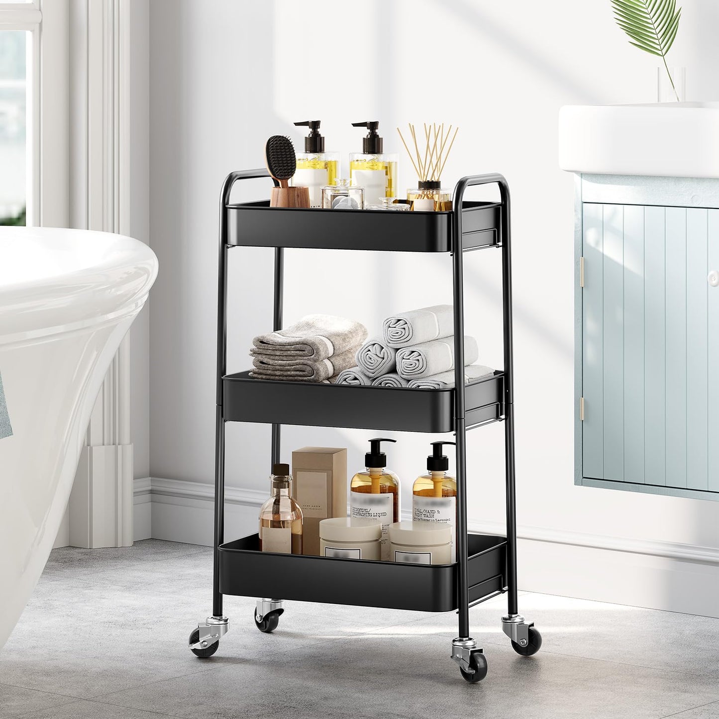 TOOLF 3-Tier Metal Rolling Cart with Wheels, Storage Utility Organizer Cart for Kitchen, Bathroom, Office, Baby Essentials & Makeup - Lockable Casters, Easy Assembly, Large Capacity, Black