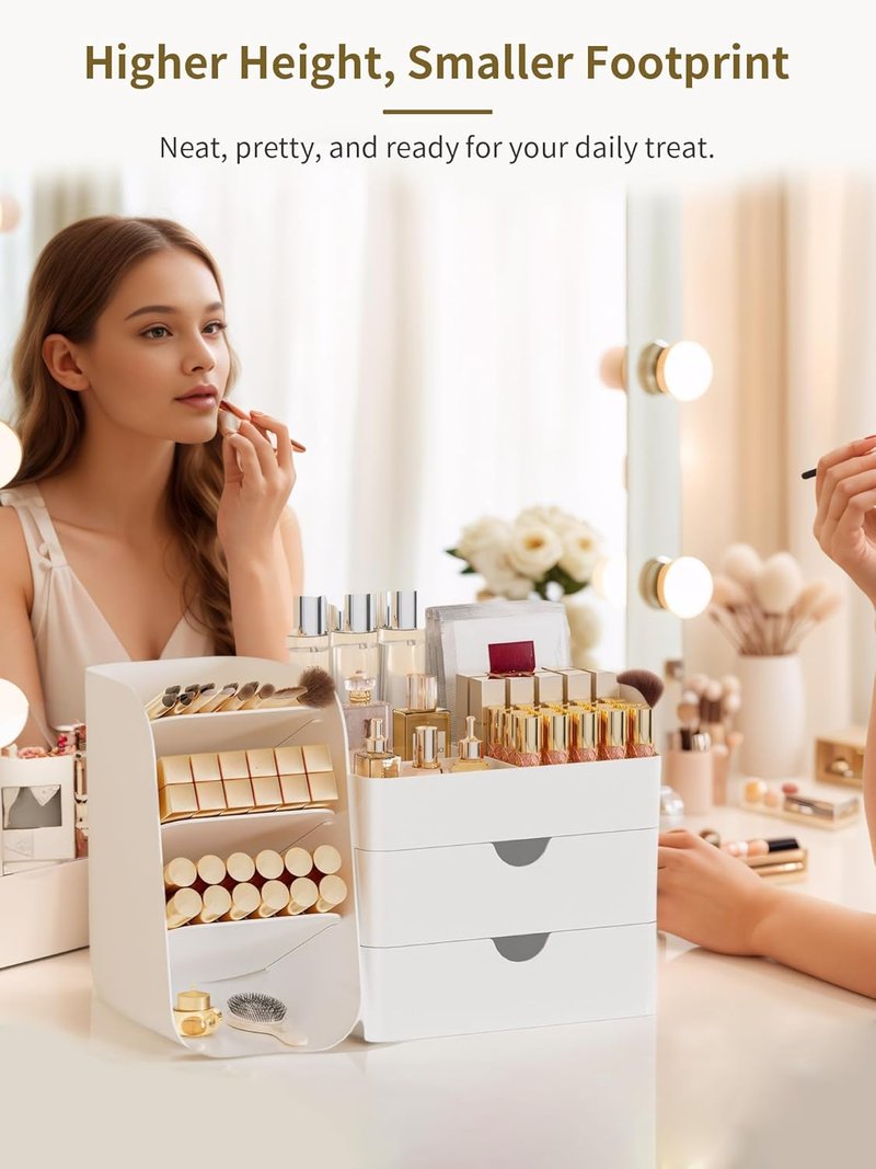 Makeup Organizer - Vanity Cosmetic Display Case with Drawers | White Bathroom Storage Caddy for Skincare & Beauty Tools