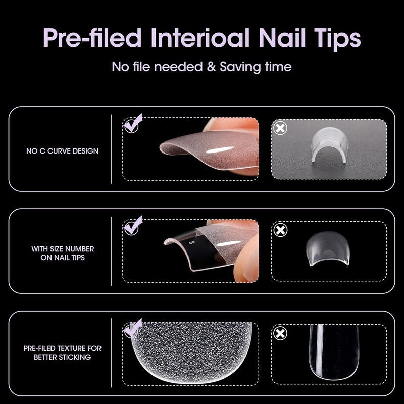 Short Square Nail Tips - 504pcs Full Cover Clear Acrylic Press-On Nails | Half Matte Inner Surface, 12 Sizes Available