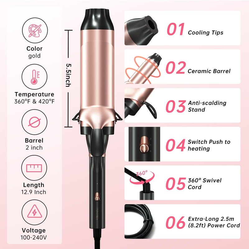 Hahahope Professional 2 Inch Curling Iron with Clamp - Large Barrel Curling Wand for Long Hair, Dual Voltage, Adjustable Heat Settings, Lightweight Design Rose Gold