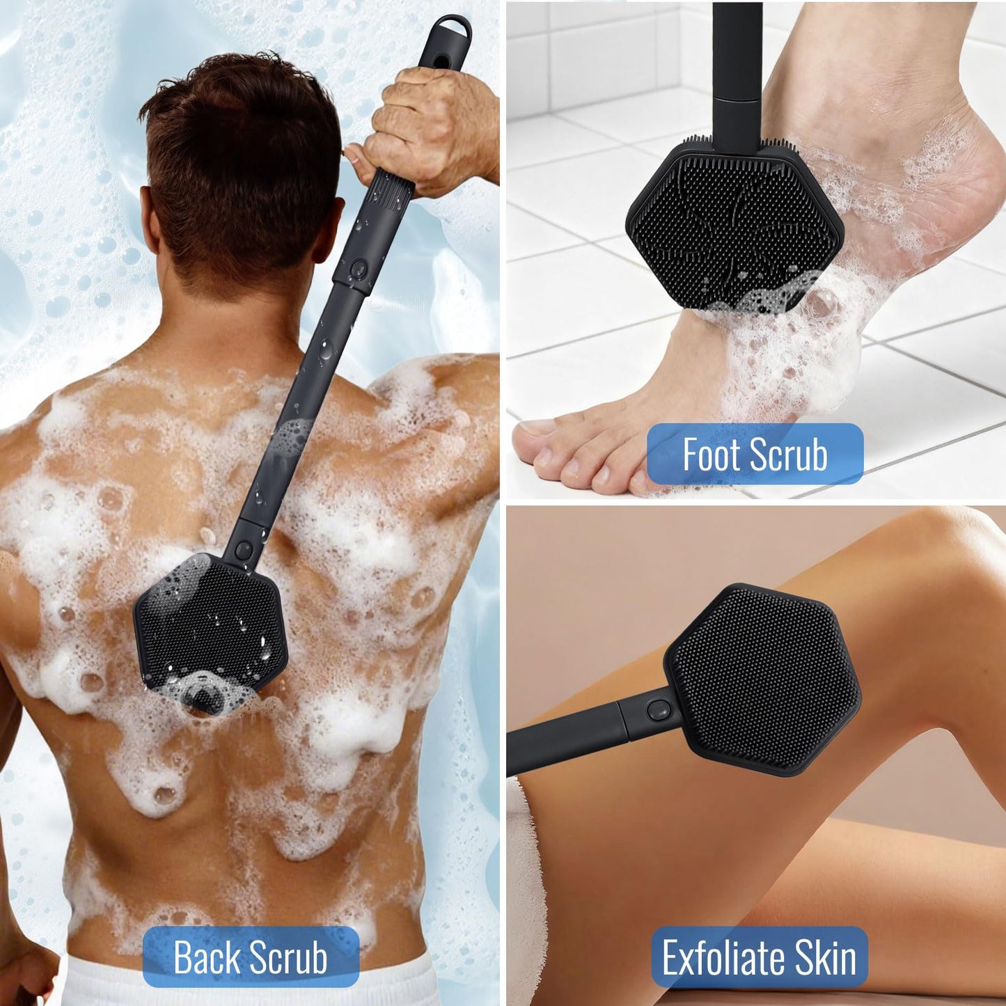 AIMAIAIMAI Silicone Back Scrubber for Shower – 21in Extendable Shower Brush with Long Handle – Dual-Sided Back Brush with Non-Slip Grip, Gentle Cleansing & Exfoliation for Men, Women, Elderly (Black)