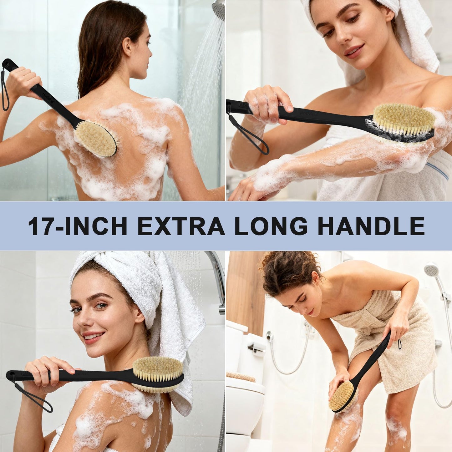 Back Scrubber for Shower with Long Handle, Exfoliating Bath Brush for Body - Double Sided Bristles (Stiff & Soft), Anti-Slip Grip, Lightweight - Gift for Seniors, Includes Lanyard & Hook,Black