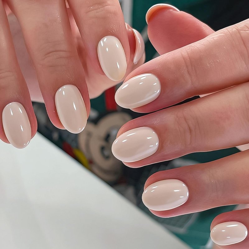 Pearl White Press On Nails Short Almond Fake Nails Glossy Full Cover Solid Color Stick On Nail for Women Manicure 32Pcs