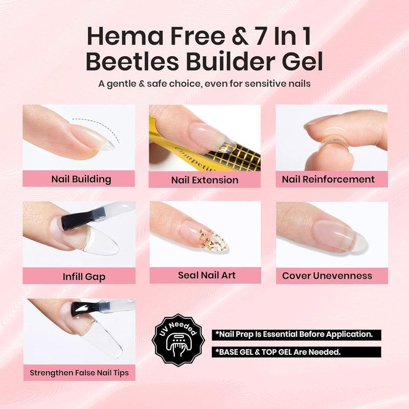 Beetles Builder Gel for Nails - HEMA-Free 7-in-1 Clear Gel for Strengthening & Thickening | Ideal for DIY Nail Art at Home