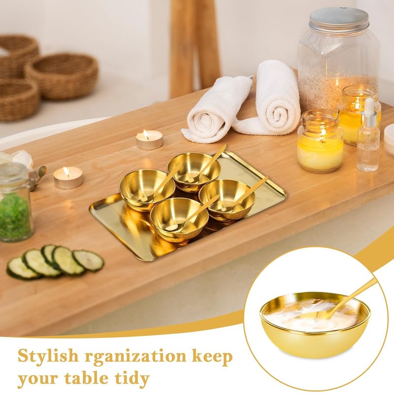 Gold Facial Supplies Set - 9 Pcs Skincare Tray with 4 Stainless Steel Mixing Bowls & Spoons | Spa Essentials for Estheticians