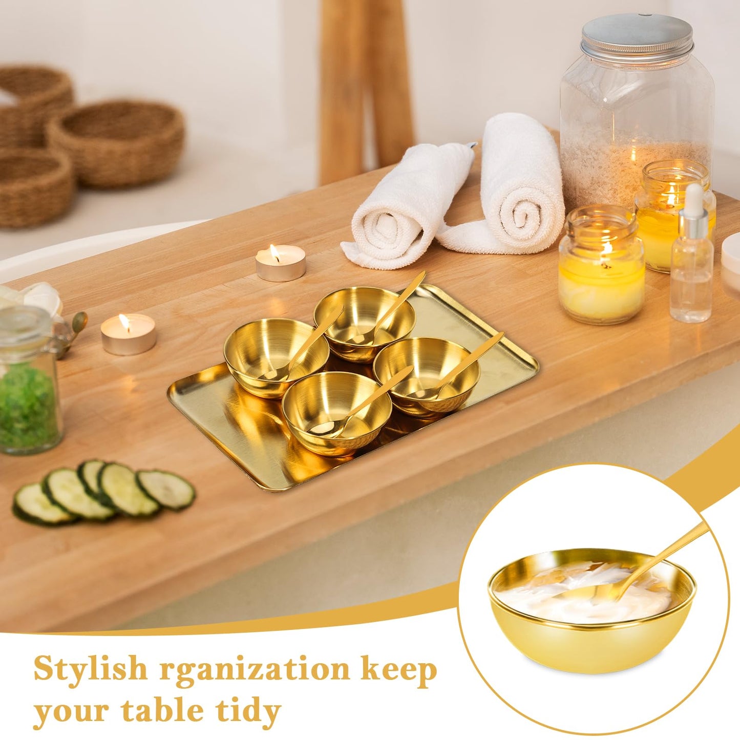 9 Pcs Gold Facial Supplies Large Gold Skincare Tray 4 Stainless Steel Facial Mask Mixing Bowls 4 Esthetician Mixing Spoons Spa Tray Esthetician Bowls for Mask Body Care Bathroom