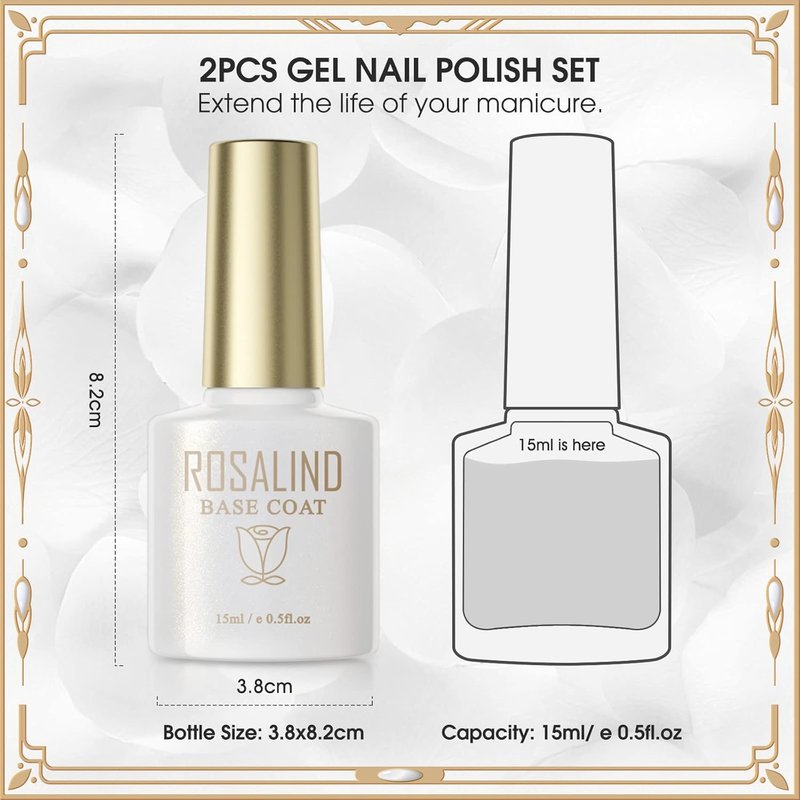 ROSALIND No Wipe Gel Top Coat & Base Coat Set - Soak Off LED Nail Polish | Clear Finish, 2 PCS