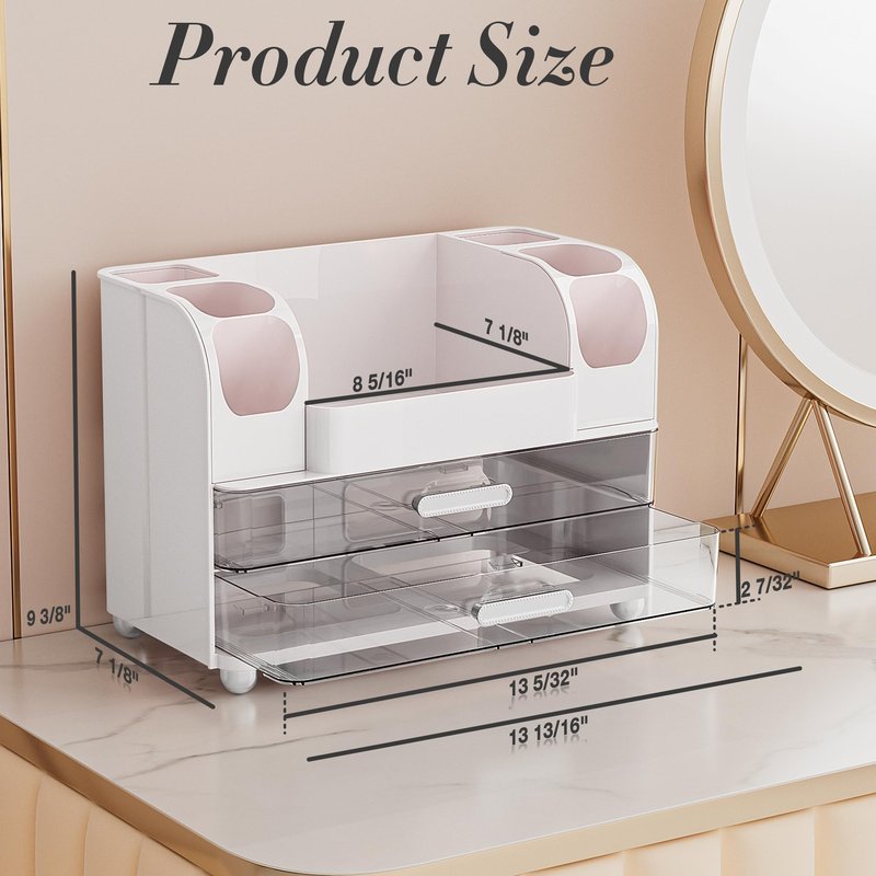 Delamu Large Makeup Organizer Countertop with 6 Brush Holders, Makeup Organizers for Vanity with 2 Large Drawers, Easy to Store Skincare, Lipsticks, Nail Polishes, Perfumes, Eyeshadow Palettes, White