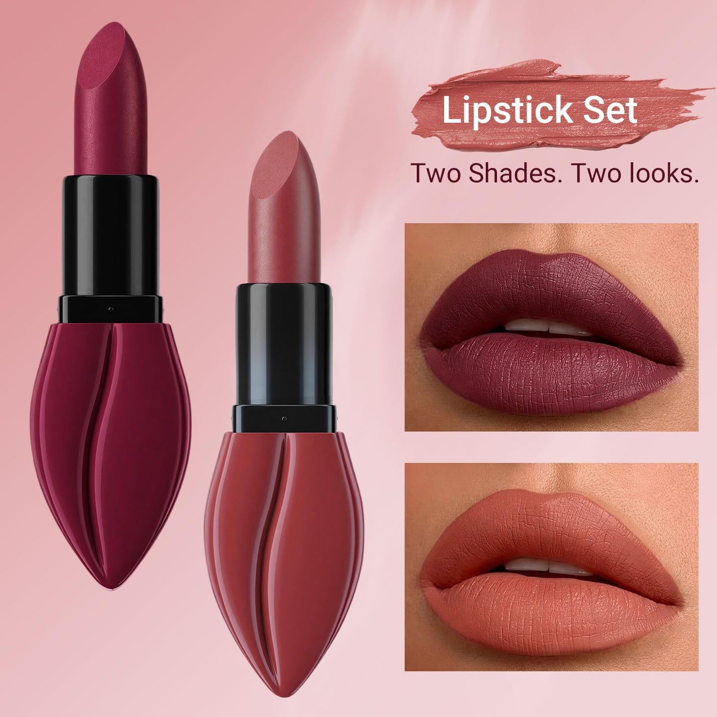 Vevivia Lighting 2Pcs Matte Lipstick Set for Women with Lip-Shaped Case, Velvet Formula for Soft, Full-Coverage Lips, Day to Night Duo Gift Set, Mocha and Plum Each