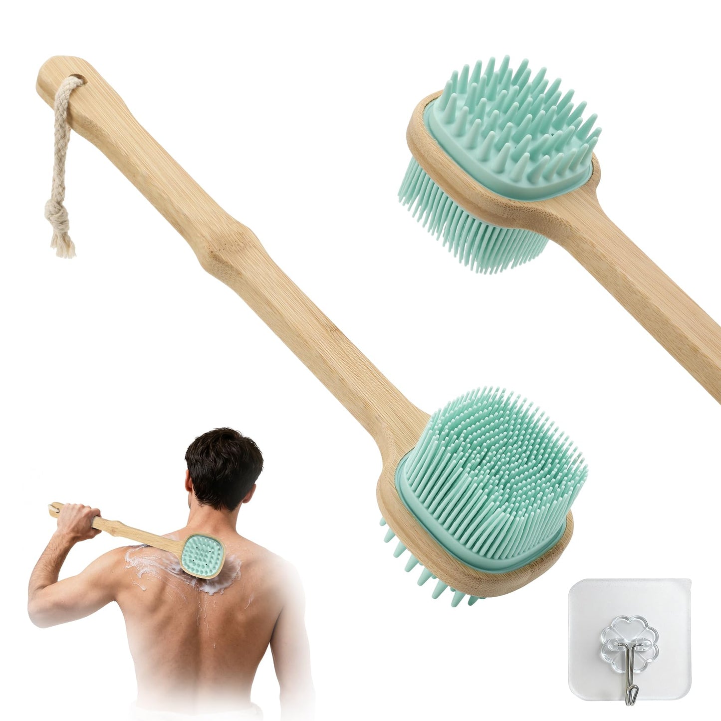 Silicone Back Scrubber for Shower, Silicone Bath Body Brush Loofah with Long Handle, Dual-Sided Shower Brush for Body, Lake Blue Exfoliating Body Scrubber for Men Women, Back Washer for Men with Hook