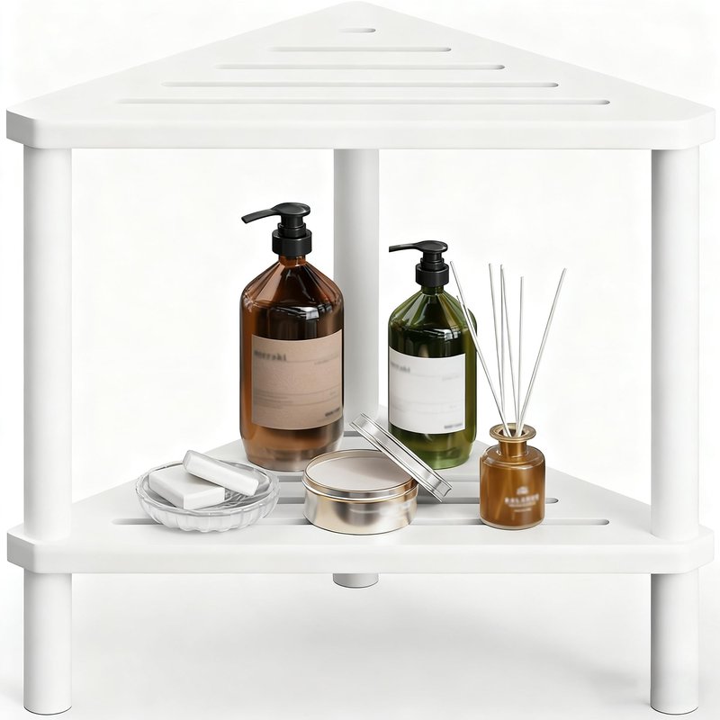 Bamboo Corner Shower Stool - Waterproof Shower Stool for Inside Shower, Shaving Legs & Small Spaces, 2-Tier Shower Foot Rest with Storage Shelf, Bath Seat & Corner Bench for Woman, Mom, Spa - White