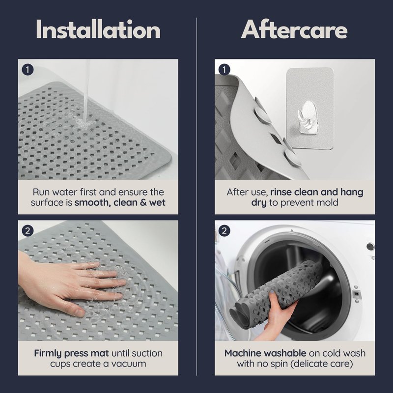 homerella® Shower Mat Non Slip Anti Mold, Non Slip Shower Mats for Inside Shower Stall Anti Slip Mat, Square Shower Floor Mat 21 x 21 in with Suction Cups & Hooks for Quick Drying, Machine Washable