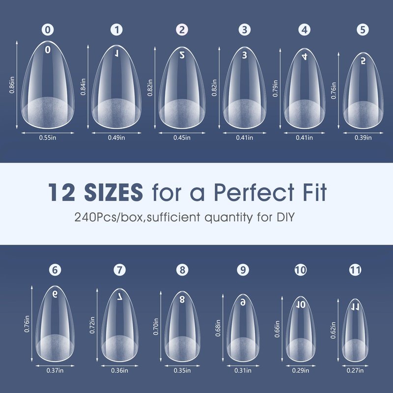 Short Almond Gel Nail Tips: 240 PCS Pre-Shaped False Acrylic Nail Tips Clear Fake Nails Extension Full Cover for Nail Manicure Home DIY Women 12 Sizes