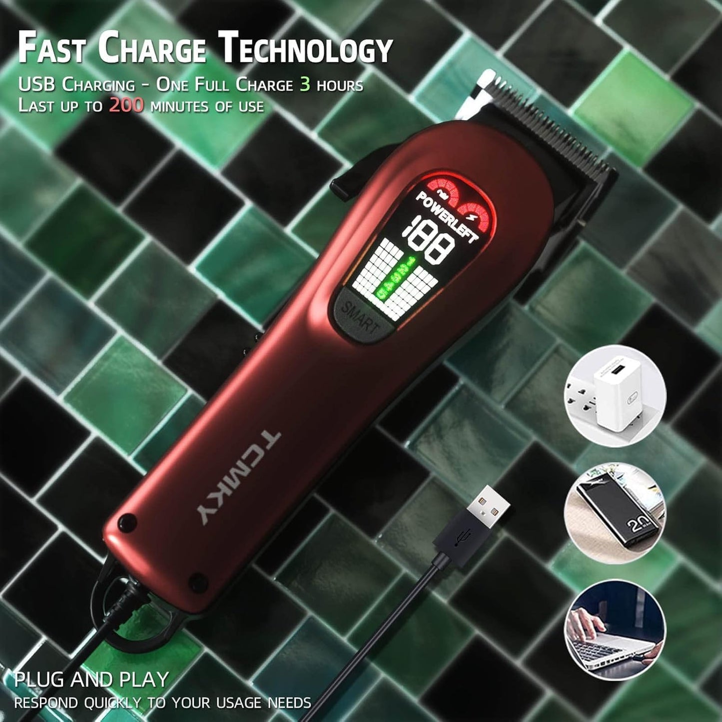 TCMKY Hair Clippers - Professional Cordless & Corded Barber Clippers for Hair Cutting | Rechargeable Grooming Kit (Red)